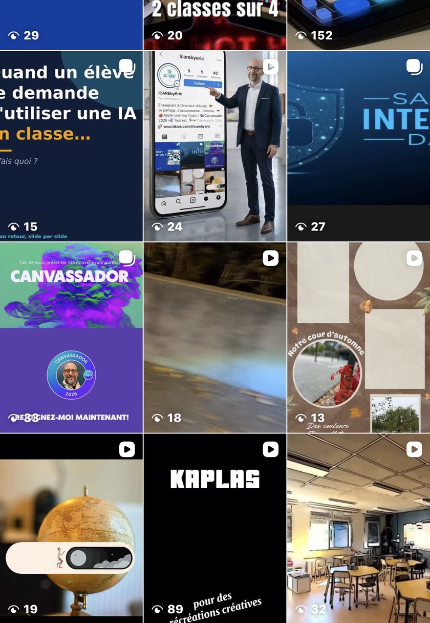 Grille de publications Instagram iCARE avec leur nombre de vues, de 13 à 152