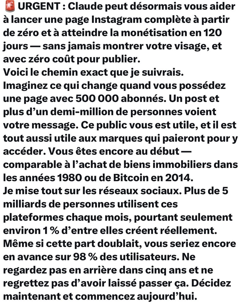Capture d'un post X promettant une page Instagram monétisée en 120 jours sans montrer son visage