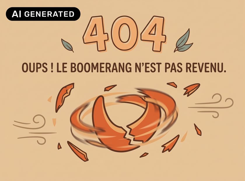 Illustration générée par IA : un boomerang brisé sous le chiffre 404 et la phrase Oups, le boomerang n'est pas revenu
