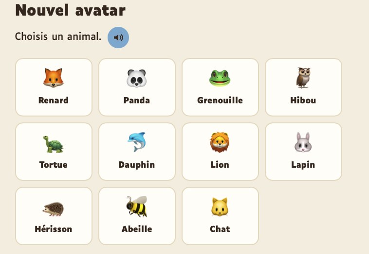 Écran Nouvel avatar de Boomerang : onze animaux au choix, du renard au chat
