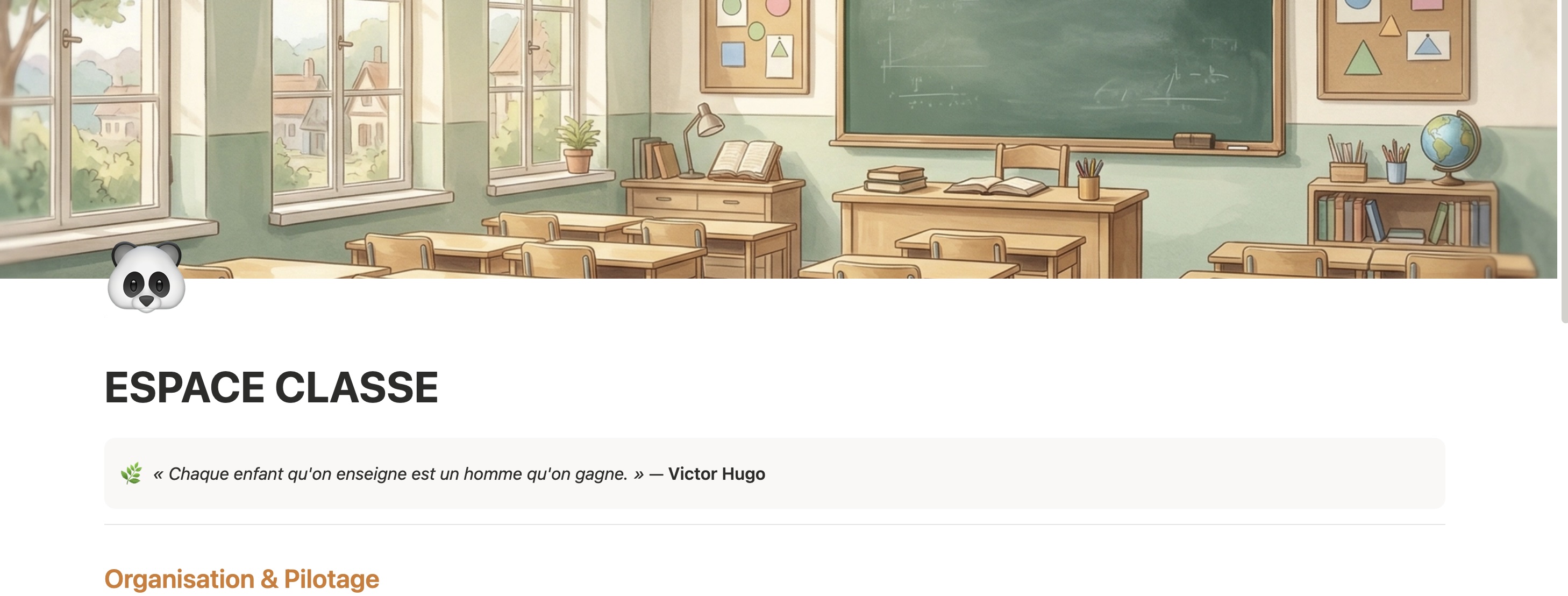 ESPACE CLASSE Notion — vue de la page d'accueil avec le bandeau illustré et la citation Victor Hugo