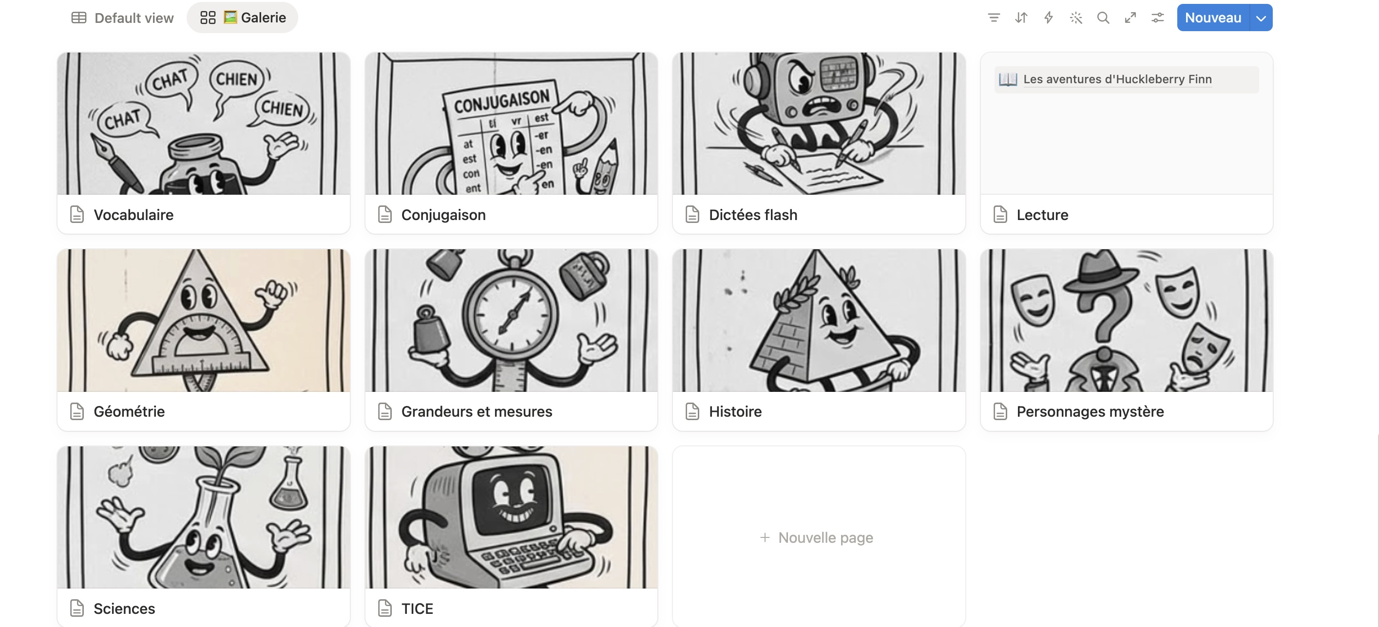 ESPACE CLASSE Notion — vue galerie des ressources pédagogiques avec les illustrations rétro en noir et blanc