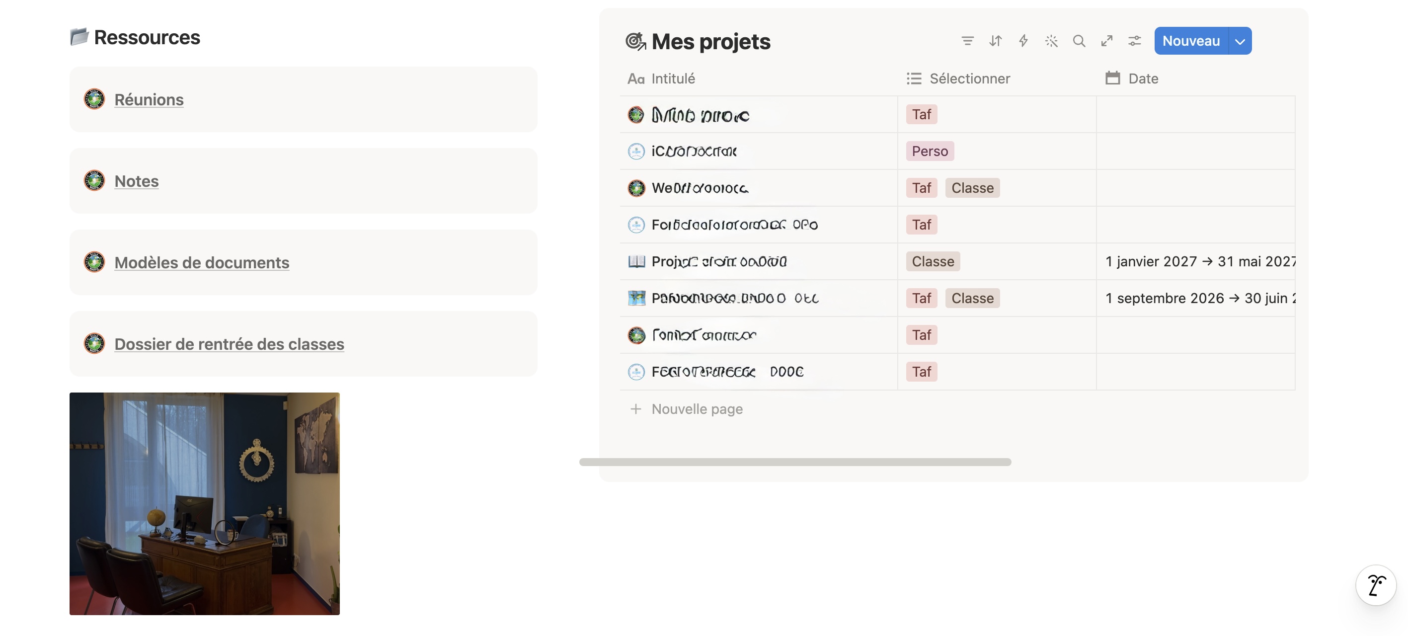 ESPACE DIRECTION Notion — ressources à gauche et base Mes projets à droite avec les projets en cours