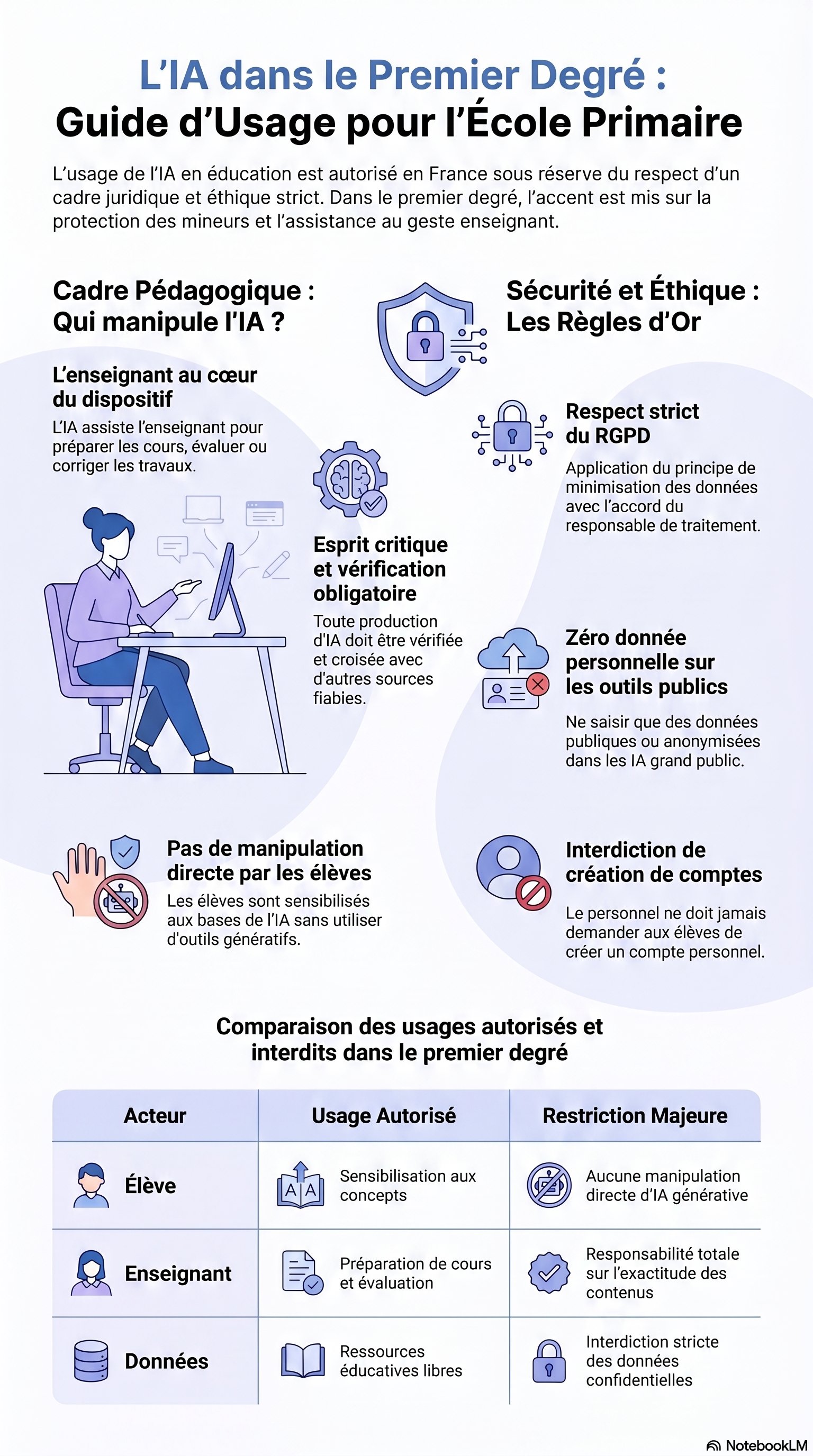 Infographie : L'IA dans le premier degré — Guide d'usage pour l'école primaire. Cadre pédagogique : enseignant au cœur, esprit critique obligatoire, pas de manipulation directe par les élèves. Sécurité et éthique : RGPD strict, zéro donnée personnelle sur les outils publics, interdiction de création de comptes.