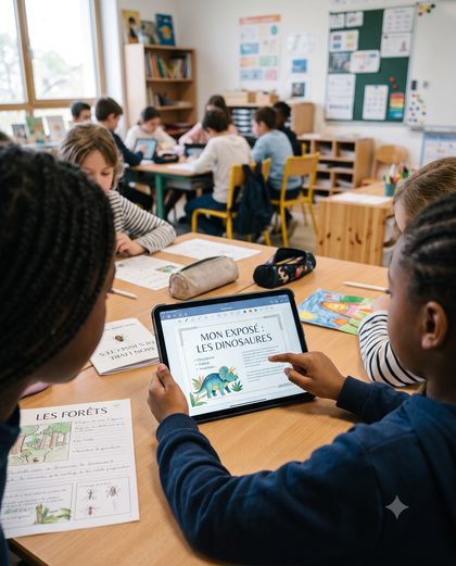 Deux &eacute;l&egrave;ves cr&eacute;ant un expos&eacute; illustr&eacute; sur Pages avec un iPad
