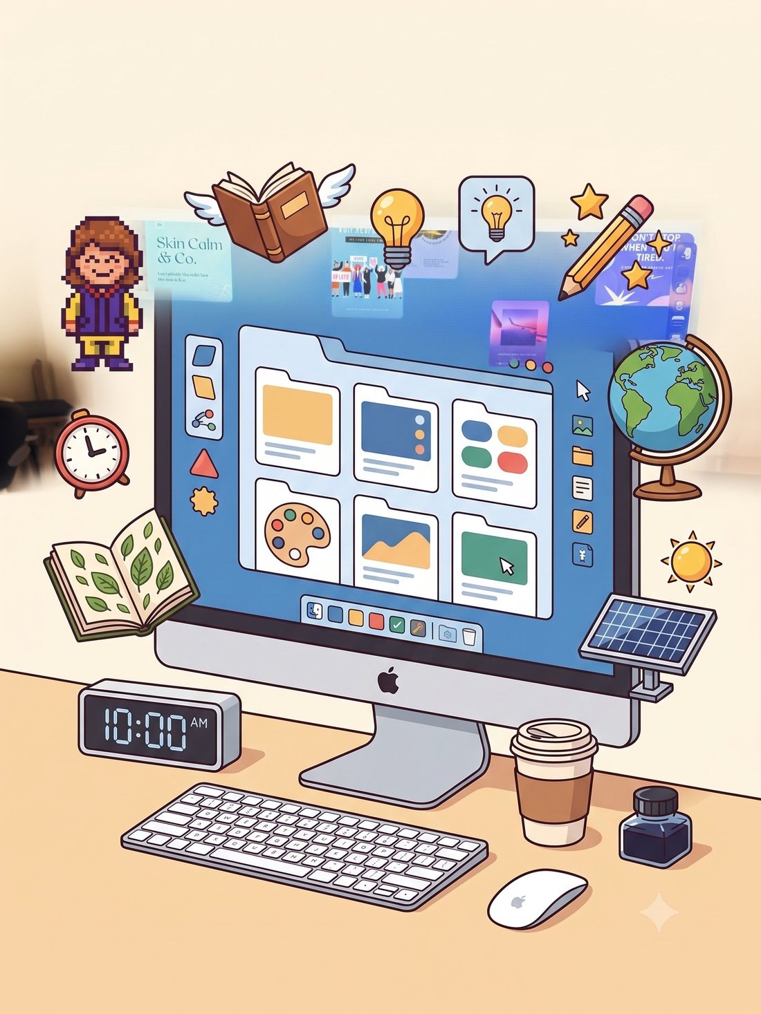 Illustration — un écosystème de projets visuels créés avec Canva autour d'un poste de travail